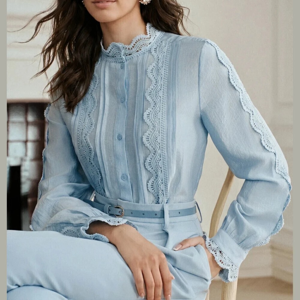 Sky Blue Crepe Crochet Lace Trim Stand Collar Button Front Blouse